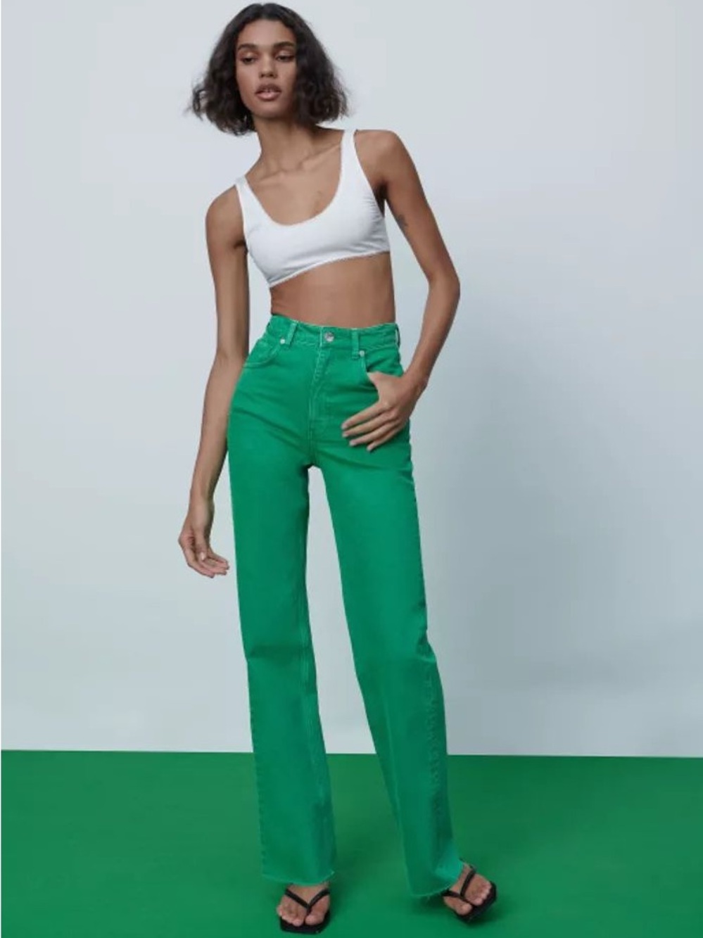 Zara High-Rise Straight Jeans in Green